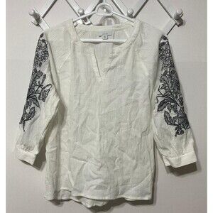 J.Jill Pure Jill Women's XS Petite Embroidered Sleeve  Cotton Top Blouse White
